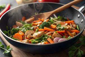 Delicious Colorful Stir Fry with Vegetables and Chicken in a Hot Pan photo