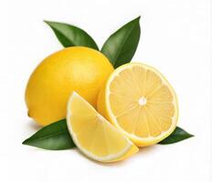 Yellow lemon slice and whole orange with bright skin on a neutral background in close detailed view photo