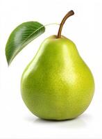 Close up of a round glossy pear with healthy leaf and stem in bright light on white background photo