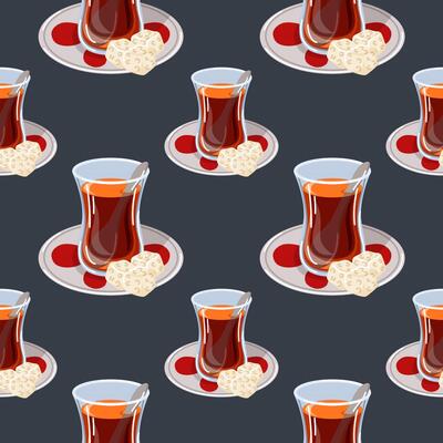 Seamless pattern with traditional Turkish tea glasses on saucers with sugar cubes and spoon on dark background in cartoon style. Perfect for cafe branding, kitchen decor or beverage themed design.