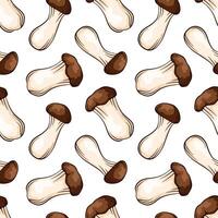 Seamless pattern with King Trumpet Oyster mushroom in line art, cartoon style. Design template for textile, wallpaper, print. illustration on a white background. vector