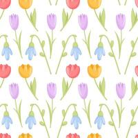 Spring flower seamless pattern in cartoon style. Background design with tulips and lilies of the valley. vector