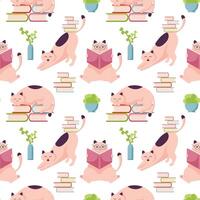 Cat character study seamless pattern in flat style. Background with happy cute cats character in glasses. Cartoon art style design of scientist animal cat for web, greeting card, banner. vector
