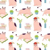 Cat character study seamless pattern in flat style. Happy cute cats character in glasses. Cartoon art style design of scientist animal cat for web, greeting card, banner. vector