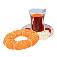 Traditional Turkish breakfast tea with simit with sesame seed in cartoon style. illustration isolated on a white background. vector