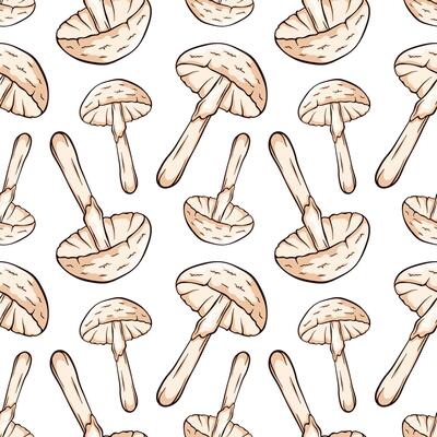 Seamless pattern with Destroying Angel inedible mushroom in cartoon, line art style. For wrapping paper, wallpaper, textiles, background. illustration on a white background.