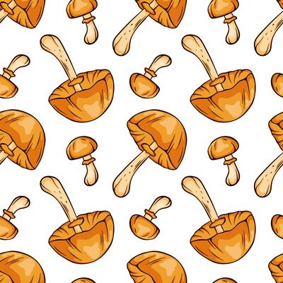 Autumn Skullcap inedible mushrooms seamless pattern in cartoon, line art style. Pattern for wrapping paper, fabric, design. illustration on a white background.