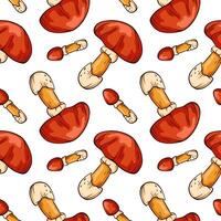 Seamless pattern with Caesars mushrooms in cartoon line art style. For wrapping paper, wallpaper, textile, background. illustration on a white background. vector