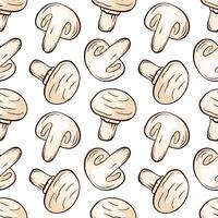 Champignon mushroom seamless pattern in line art, cartoon style. Great for menu, label, packaging, recipe. illustration on a white background. vector