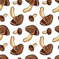 Seamless pattern with Shiitake mushroom in cartoon line art style. For wrapping paper, wallpaper, textiles, background. illustration on a white background. vector
