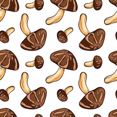 Seamless pattern with Shiitake mushroom in cartoon line art style. For wrapping paper, wallpaper, textiles, background. illustration on a white background.