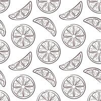 Seamless pattern with line art style lemon slices on white background. Perfect for healthy food packaging, kitchen, textile, summer design and citrus fruit project. vector