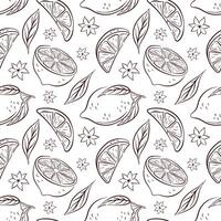 Line art style seamless pattern with lemon, flower and leaf on white background. Citrus print drawing in hand drawn style. Summer design. vector