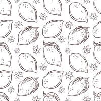 Seamless pattern with whole lemon, leaf and flower in line art style. Ideal for citrus fruit design, summer packaging, kitchen wallpaper and cafe menu. vector
