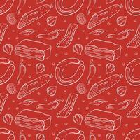 Seamless pattern of sausage, bacon and salami in line art style on red background. Perfect for food branding, butcher shop design and restaurant menu. vector