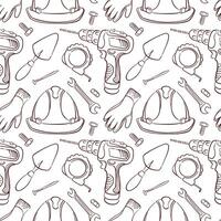 Seamless pattern of line art style construction tool including drill, helmet, gloves,, wrench and trowel. Perfect for building site, renovation, repair or engineering design. vector