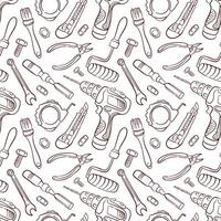 Seamless pattern with repair tools in line art style. Background with drill, Paint Roller, Tape Measure, Wire Cutter, Utility Knife, Wrench. Design for a construction store. vector