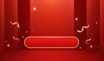 Red horizontal background design button with gold confetti celebration vector