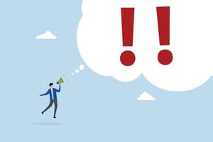 Warning message, entrepreneur yelling through megaphone with exclamation mark. vector