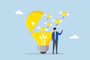 Idea generation, young adult man open lightbulb to develop and generate new ideas. vector