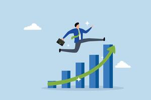 Leap forward, businessman leap forward jump over growth rising graph. vector