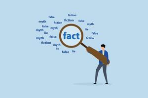 Fact checking, businessman with magnifying glass analyze fact from false info. vector