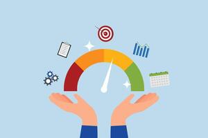 KPI key performance indicator, businessman hand with KPI performance gauge scale. vector