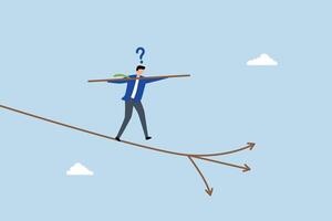 Decision making, businessman acrobat choos direction to walk. vector