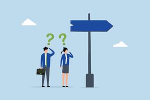 Doubt, business people think with question mark to go right way. vector