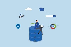 Database system, man working with computer laptop on database. vector