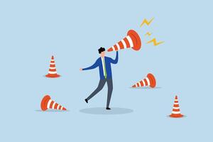 Communicate urgent message, businessman shouting loud voice message on big safety pylon. vector