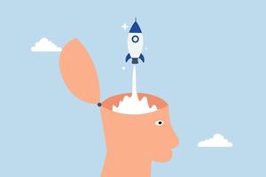 Open minded, human head open mind and launch rocket. vector