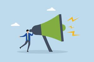 Amplify megaphone, businessman shouting on big amplifier megaphone. vector
