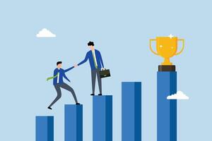 guidance help to reach success, businessman manager help employee to climb up to reach success trophy. vector