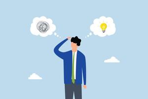 Problem solving, businessman thinking with mess problem and lightbulb idea. vector