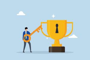 Unlock key to success, businessman with key to success to unlock winning trophy. vector