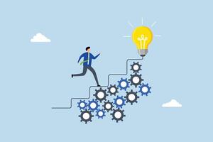 Best practices development, entrepreneur ascending stairs on a gear mechanism. vector