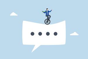 Communicate to success, businessman acrobat on message speech bubble. vector