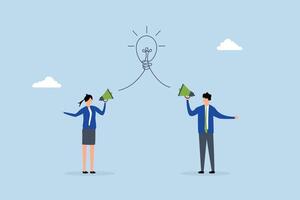 Communication message, business people talk on megaphone with idea. vector