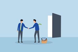 Offboarding process for employee leaving company, businessman manager check hands with leaving employee. vector