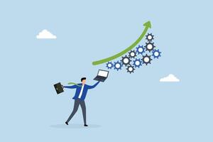 Growing efficiency, businessman work with laptop on increase efficiency. vector