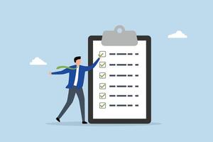 Complete checklist, businessman marks check on finished checklist on paper clipboard. vector