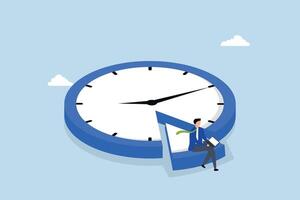 Part time job, businessman working with laptop on split time clock. vector
