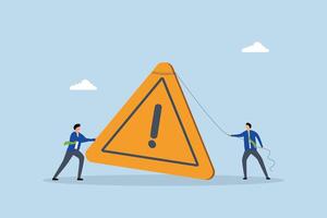 Attention message, businessman pushing exclamation triangle attention sign. vector