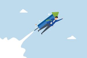 Boost business growth, businessman flying high with fast firework in the sky. vector
