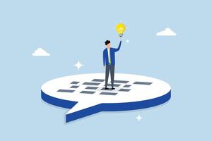 Communication to solve problem, businessman on speech bubble with idea. vector