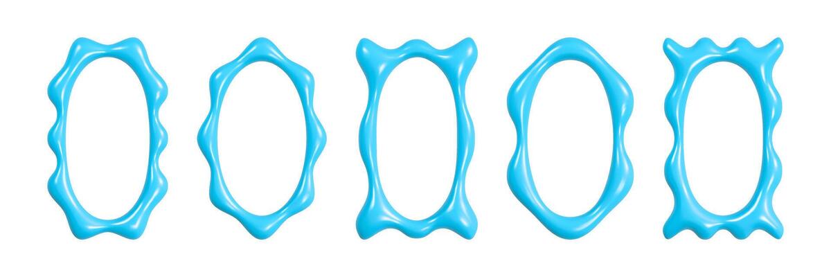 Wavy 3D frames with reflective glossy texture showcasing a variety of shapes and designs perfect for modern decor and artistic presentations