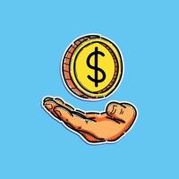 Dynamic illustration of a hand holding a dollar coin, symbolizing financial opportunity and support. vector