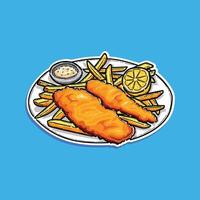 Artistic illustration of a classic fish and chips dish served with tartar sauce and a lemon wedge, all on a white plate contrasting against a vivid blue background. vector