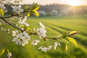 Fresh Spring Atmosphere with Blossoming Cherry Trees and Soft Sunlight Flare photo